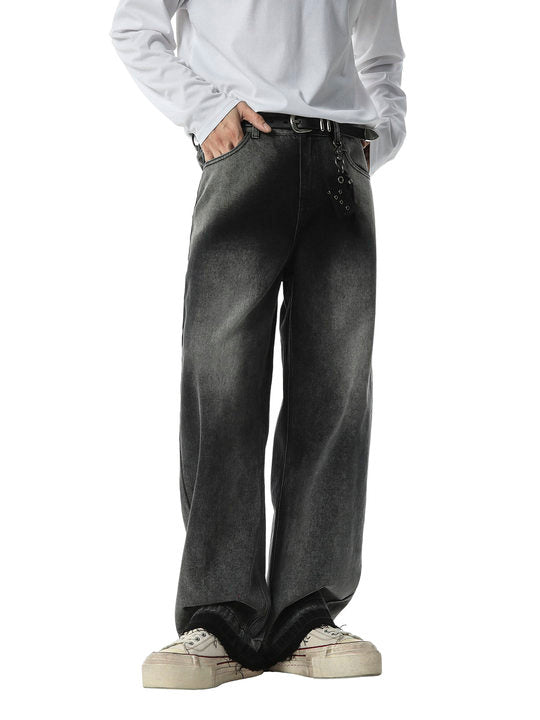 Washed Raw Edge Straight Jeans - Goatlv