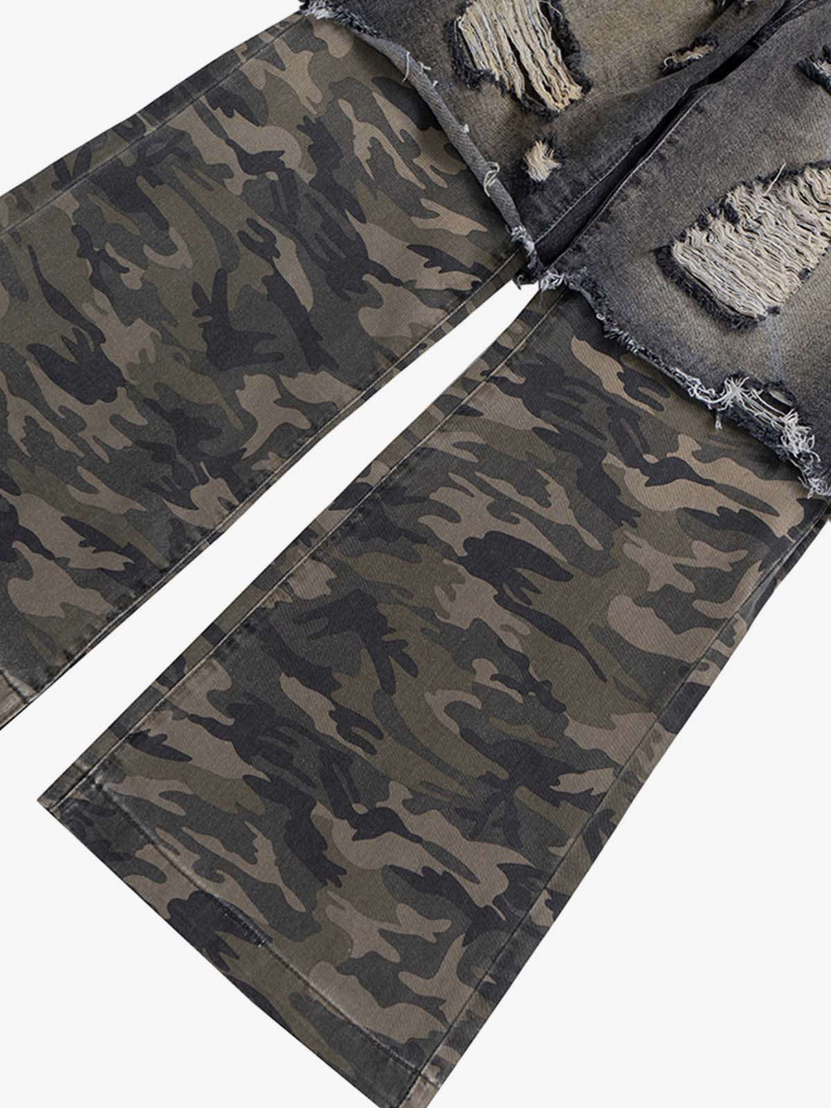 Camouflage Patchwork Flared Wide-leg Ripped Jeans - Goatlv