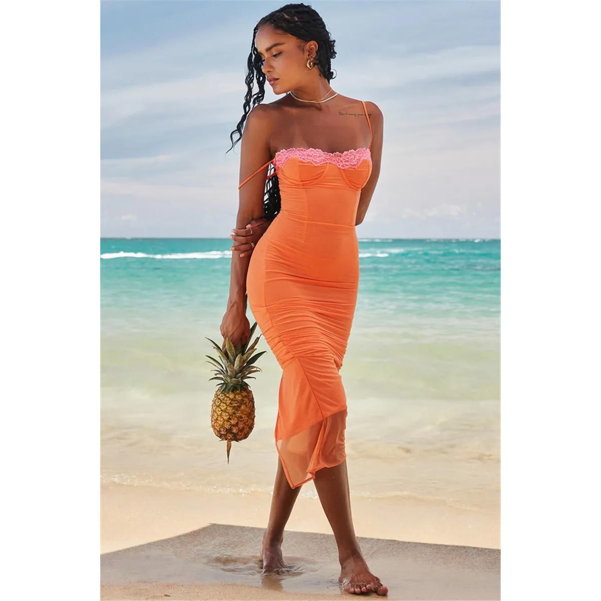 Lace Spaghetti Strap Backless Bodycon Maxi Dress Nyzzle