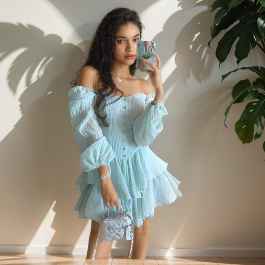 Solid Color Puff Sleeve Slim Chiffon French Cake Dress Nyzzle