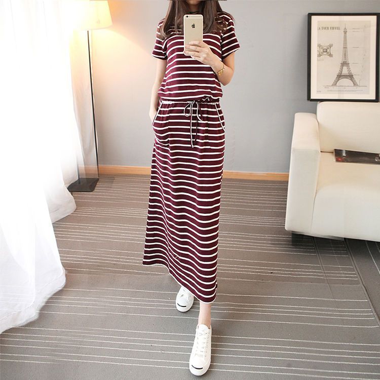 Round Neck Striped Cinched Plus Size Short Sleeve Dress Nyzzle