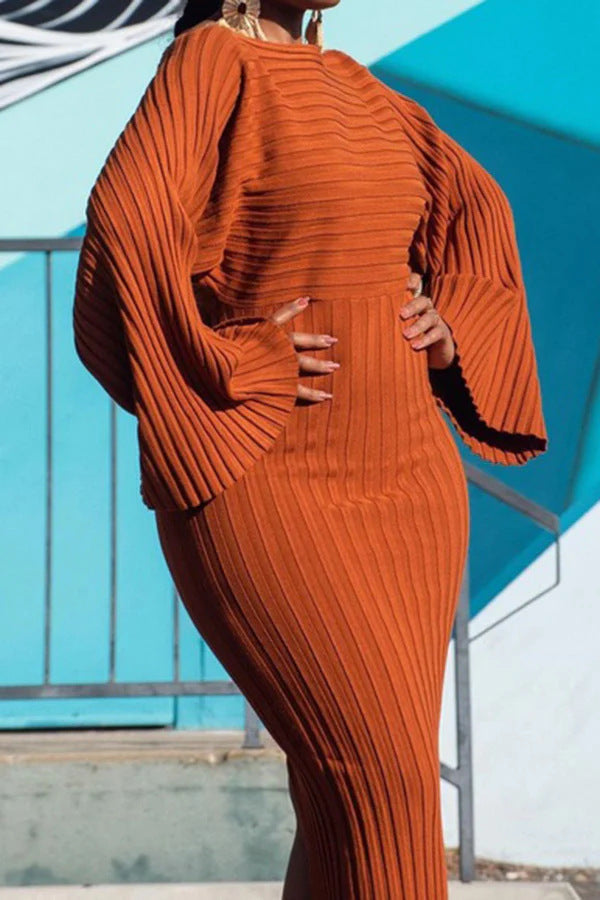 European And American Winter Long Sleeve Solid Color Rib Fabric Sheath Dress Nyzzle