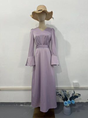 Retro V-neck Puff Sleeve Long Tie Waist-controlled Long Sleeves Dress Nyzzle