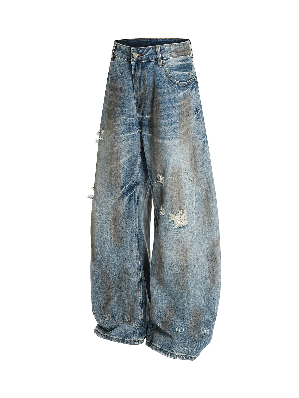 Washed Distressed Ripped Barrel Jeans - Goatlv