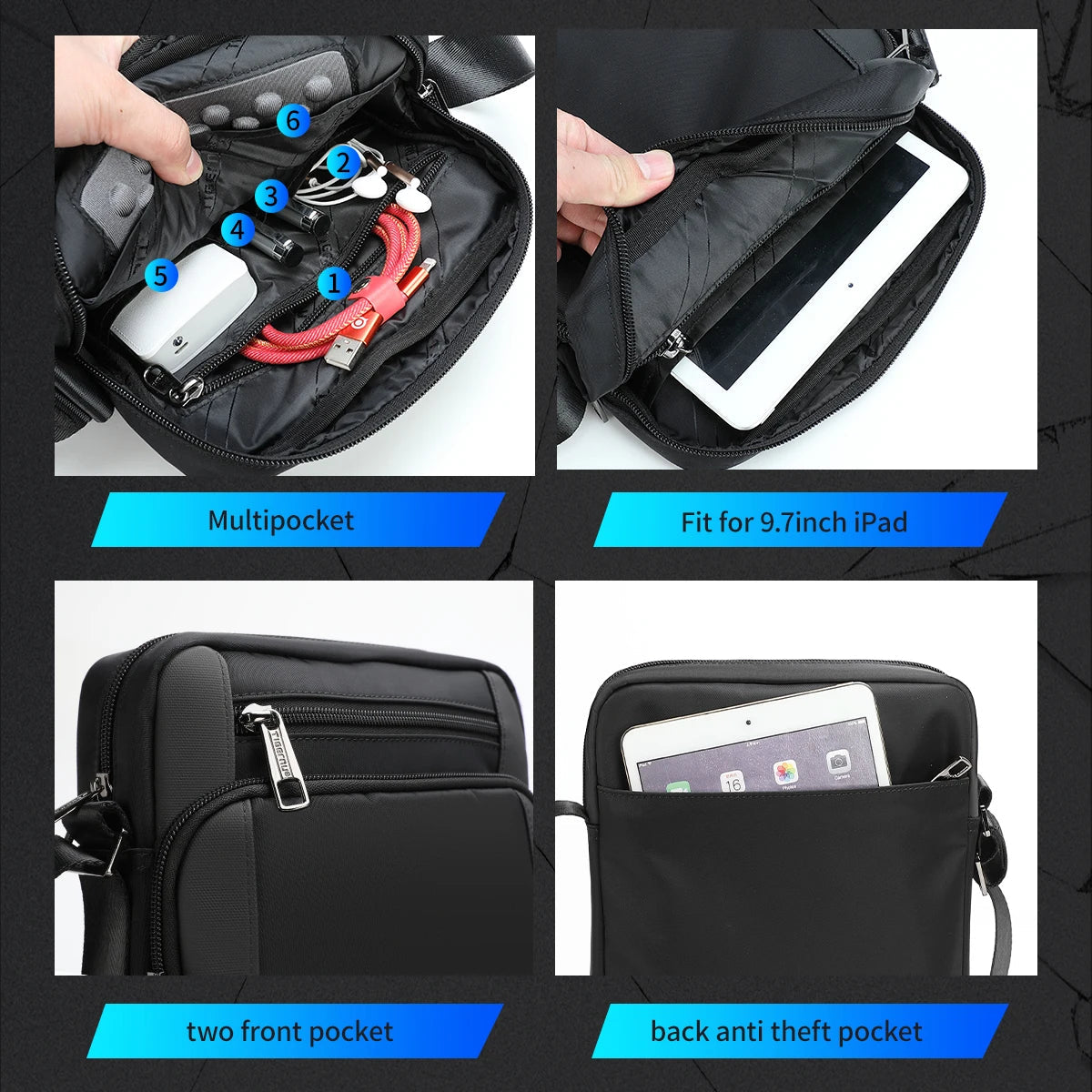 Waterproof Men’s Crossbody Bag with Shockproof iPad Pocket for 9.7" Tablet Trendha