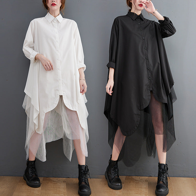 Loose False Two Pieces Large Swing Irregular Stitching Double-layer Mesh Shirt Dress Nyzzle