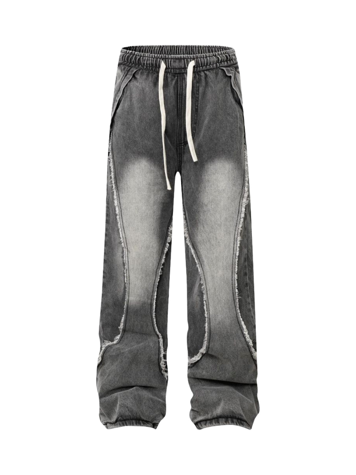 Washed Distressed Raw Edge Drawstring Jeans - Goatlv