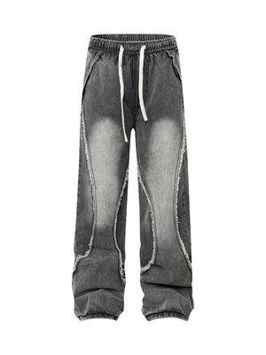 Washed Distressed Raw Edge Drawstring Jeans - Goatlv