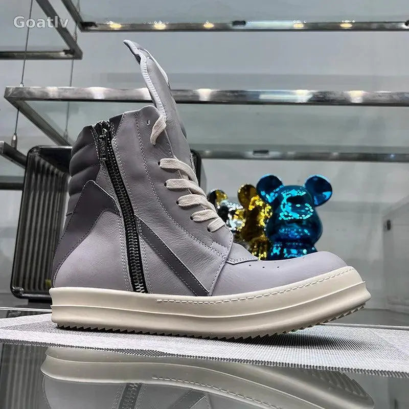 Casual Shoes Men High Top Gray Genuine Leather Luxury Trainers Women Geobasket Jumbo Lace Up Designer Sneaker Flats Ankle Boots - Goatlv