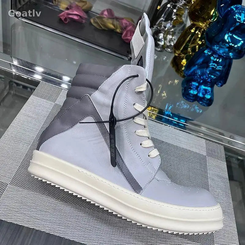 Casual Shoes Men High Top Gray Genuine Leather Luxury Trainers Women Geobasket Jumbo Lace Up Designer Sneaker Flats Ankle Boots - Goatlv