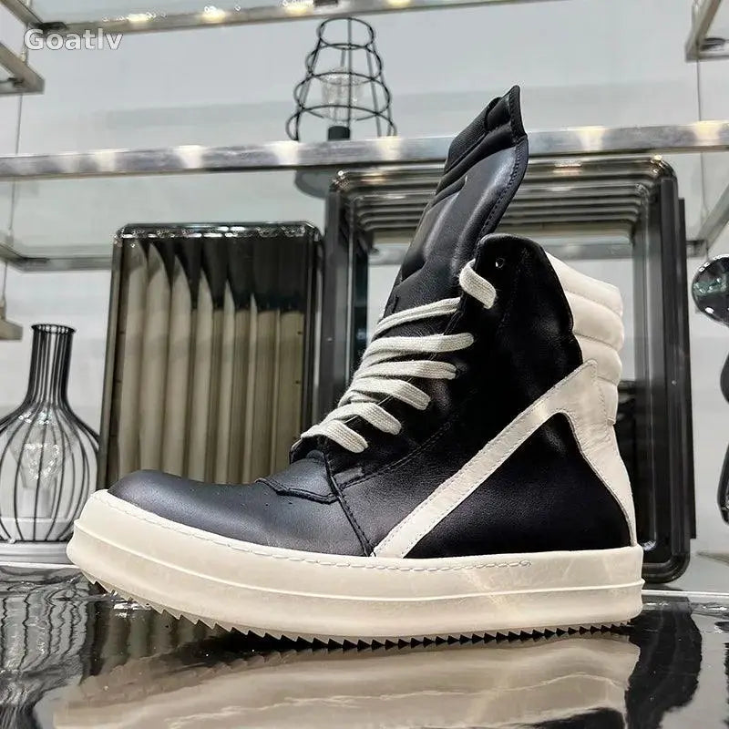 Casual Shoes Men High Top Gray Genuine Leather Luxury Trainers Women Geobasket Jumbo Lace Up Designer Sneaker Flats Ankle Boots - Goatlv