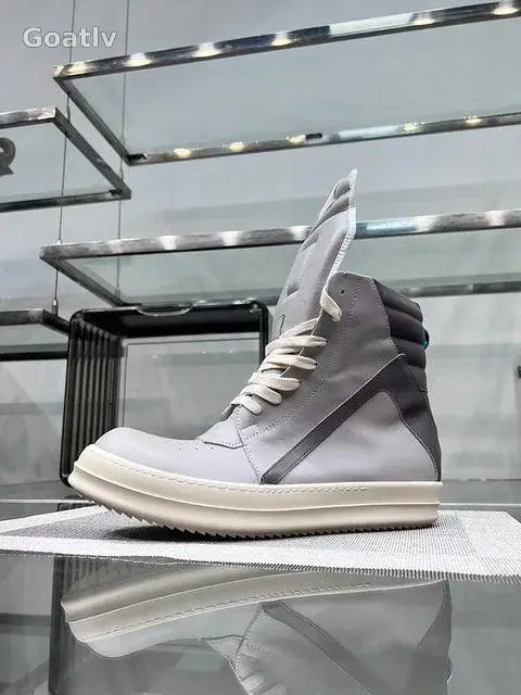 Casual Shoes Men High Top Gray Genuine Leather Luxury Trainers Women Geobasket Jumbo Lace Up Designer Sneaker Flats Ankle Boots - Goatlv