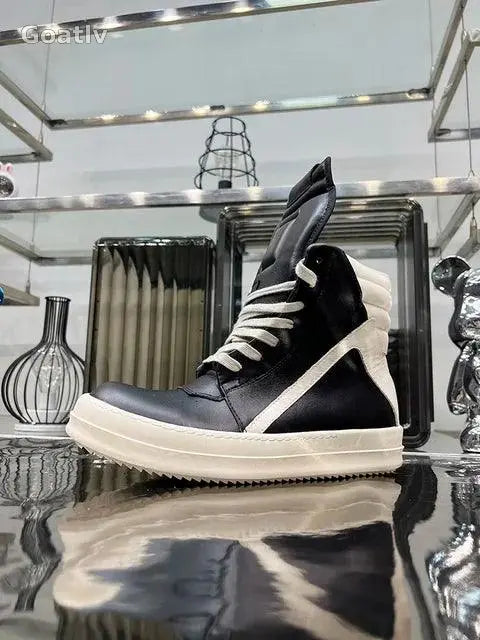Casual Shoes Men High Top Gray Genuine Leather Luxury Trainers Women Geobasket Jumbo Lace Up Designer Sneaker Flats Ankle Boots - Goatlv