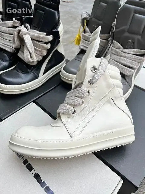 Casual Shoes Men High Top Gray Genuine Leather Luxury Trainers Women Geobasket Jumbo Lace Up Designer Sneaker Flats Ankle Boots - Goatlv