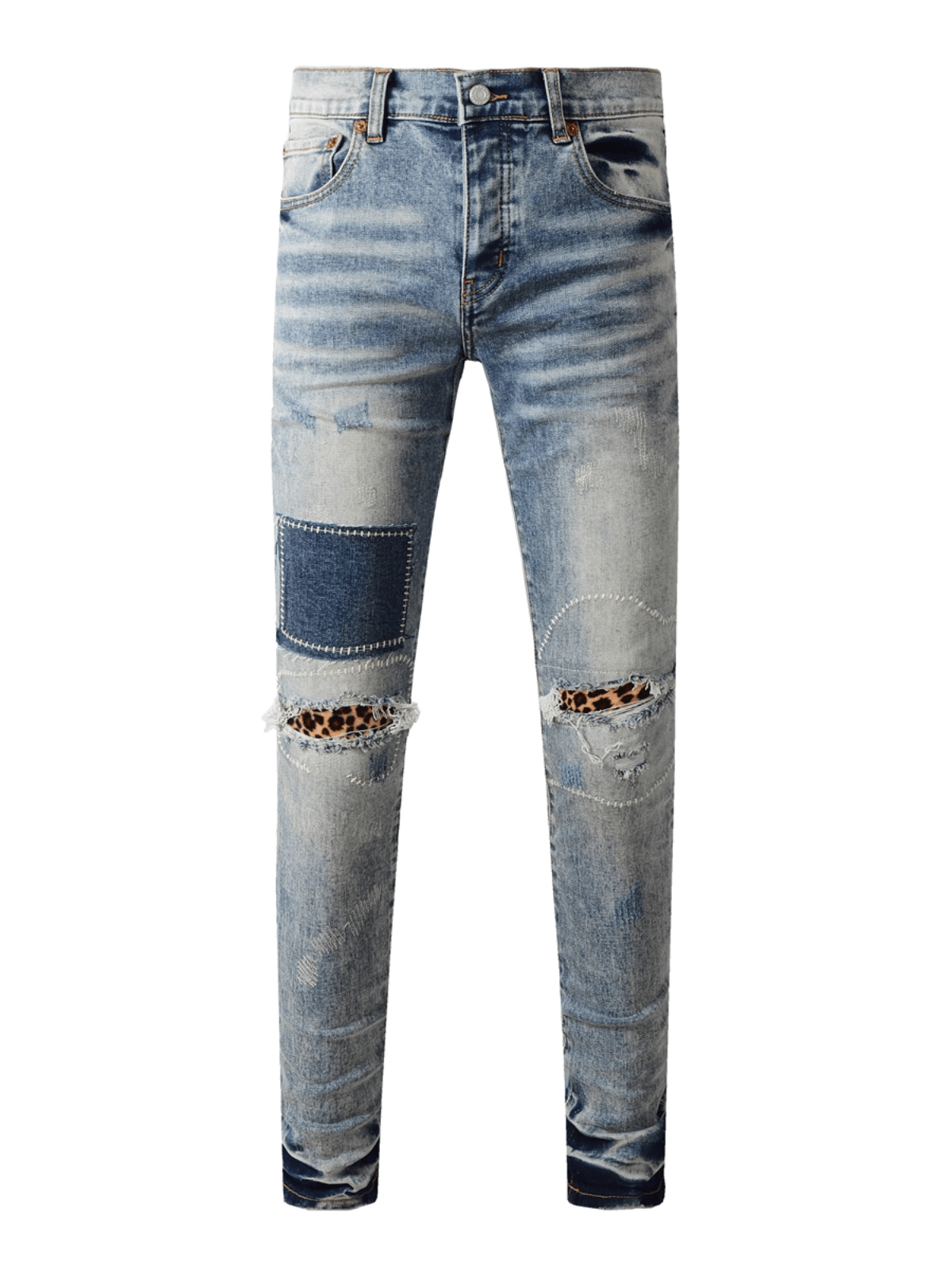 Blue Distressed Washed Patch Jeans