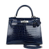HRMS Kelly Sellier 28 Bleu Saphir Shiny Porosus Crocodile Palladium Hardware.