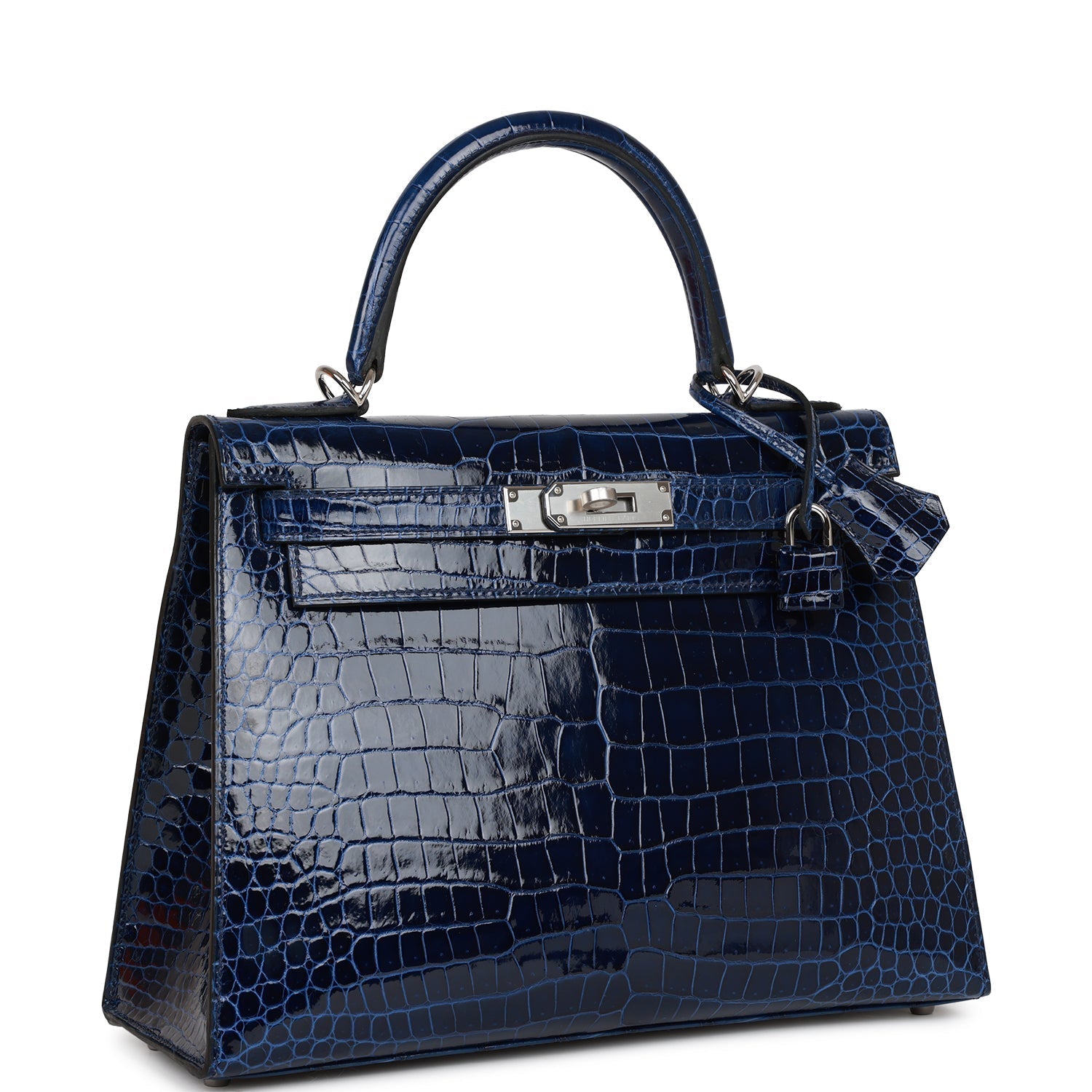 HRMS Kelly Sellier 28 Bleu Saphir Shiny Porosus Crocodile Palladium Hardware.
