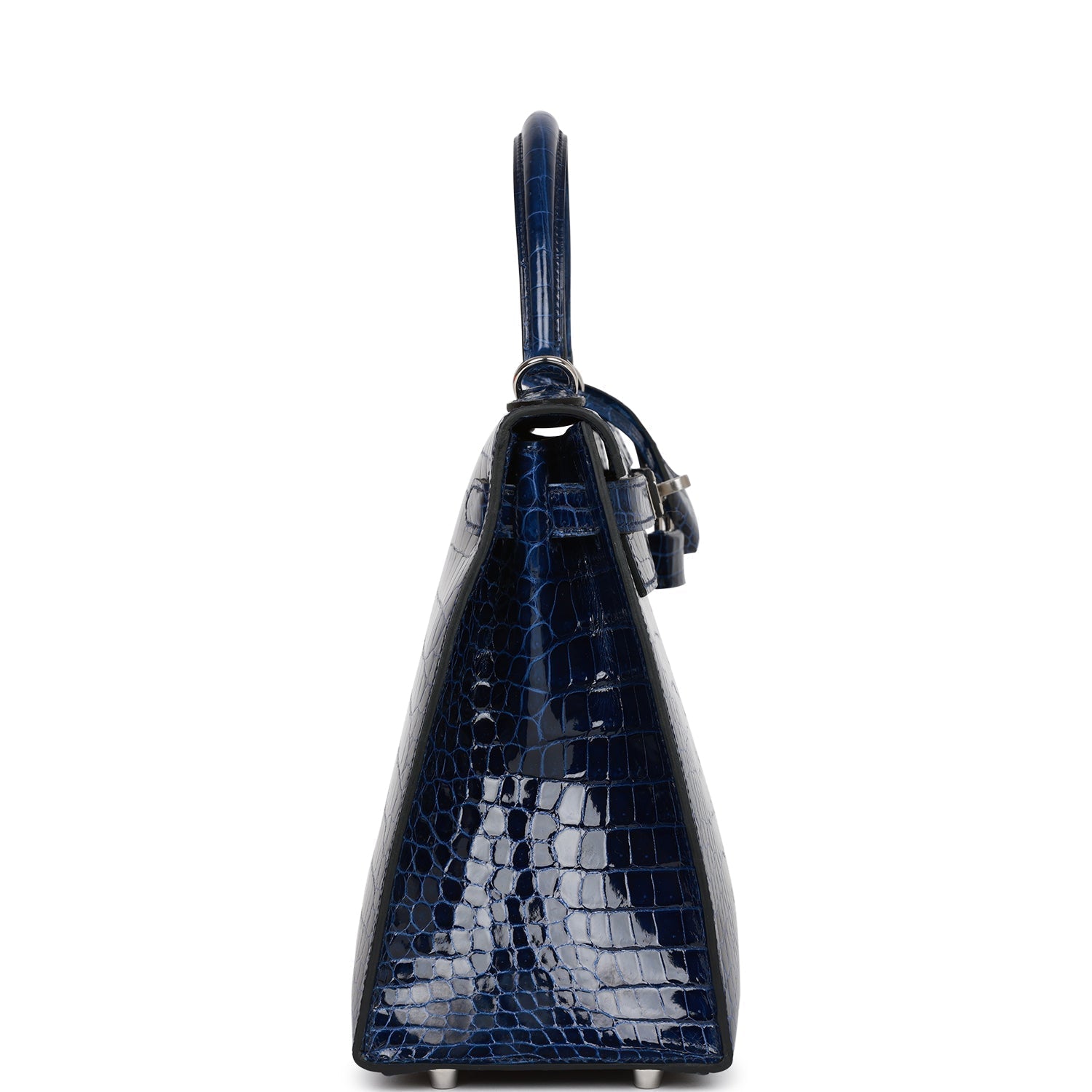 HRMS Kelly Sellier 28 Bleu Saphir Shiny Porosus Crocodile Palladium Hardware.