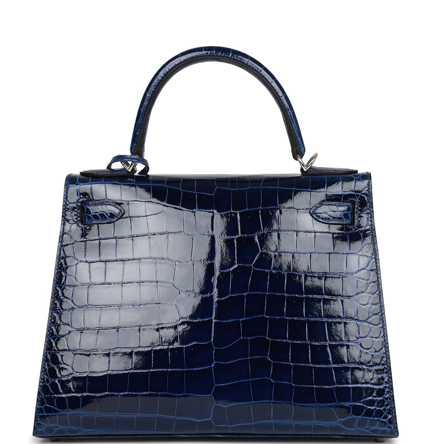 HRMS Kelly Sellier 28 Bleu Saphir Shiny Porosus Crocodile Palladium Hardware.