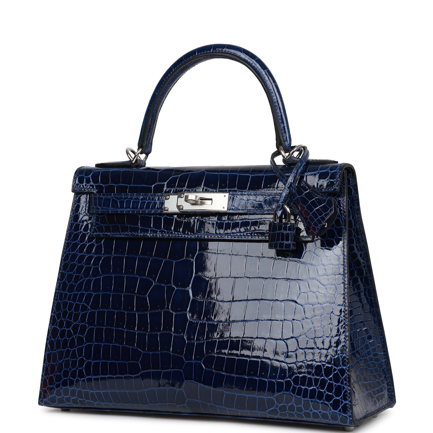 HRMS Kelly Sellier 28 Bleu Saphir Shiny Porosus Crocodile Palladium Hardware.