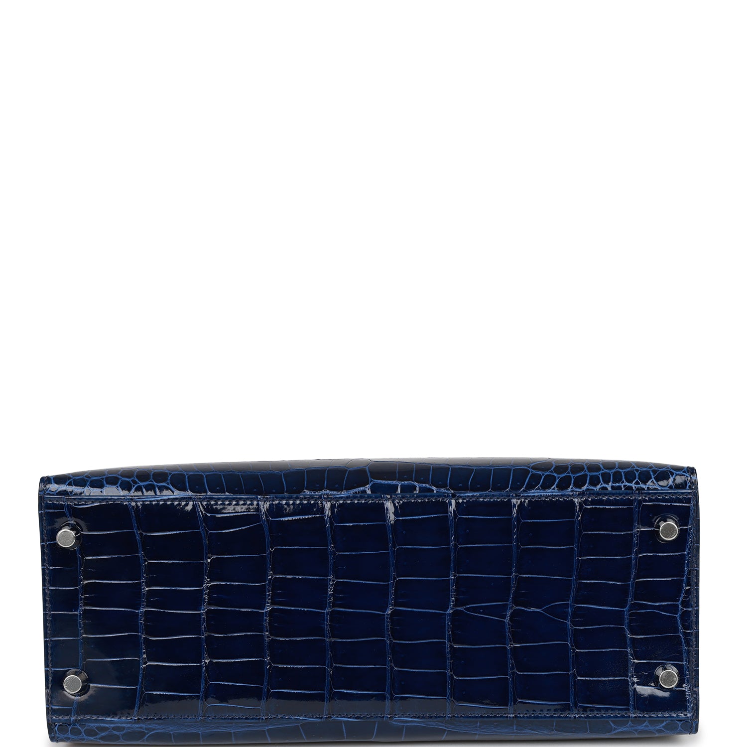 HRMS Kelly Sellier 28 Bleu Saphir Shiny Porosus Crocodile Palladium Hardware.