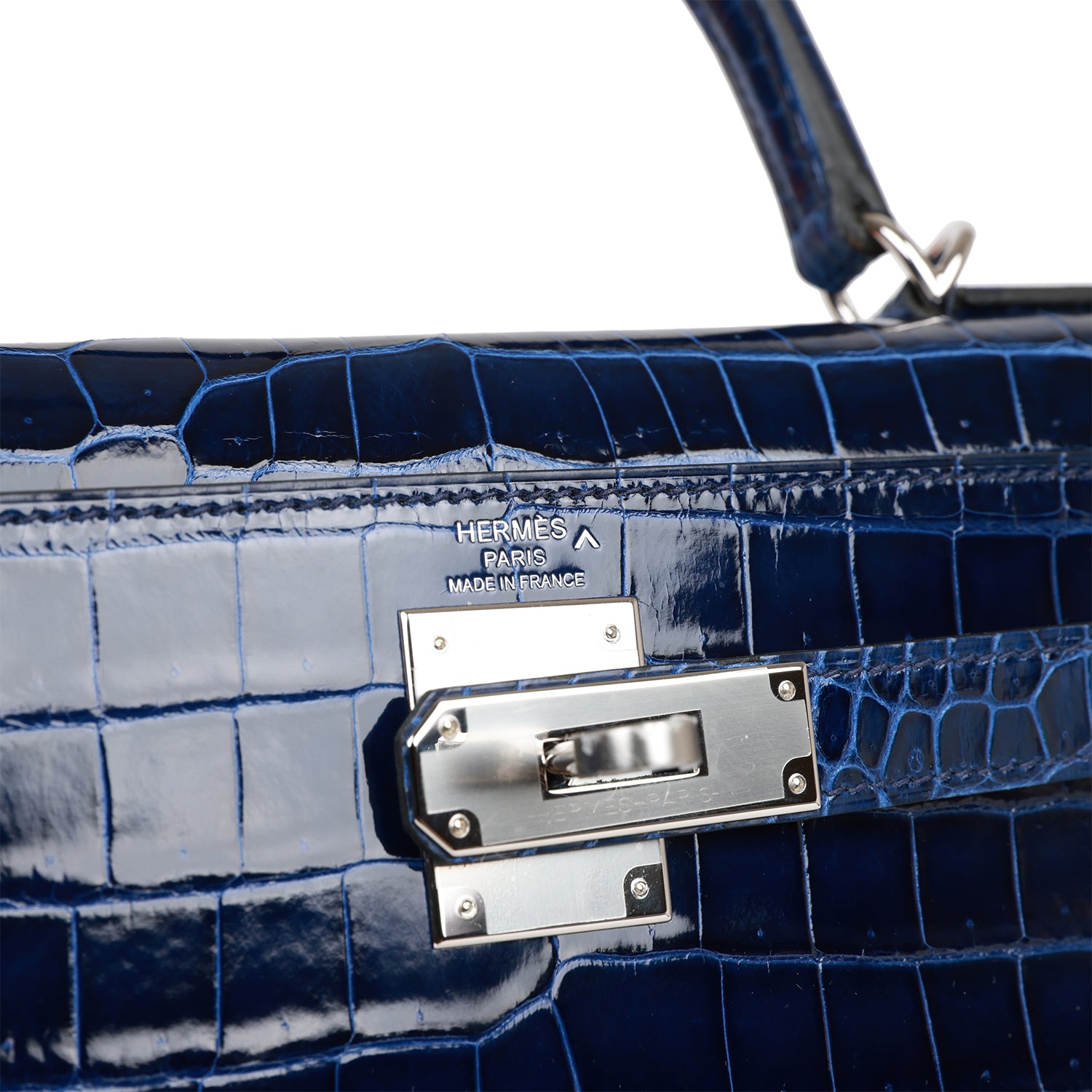 HRMS Kelly Sellier 28 Bleu Saphir Shiny Porosus Crocodile Palladium Hardware.