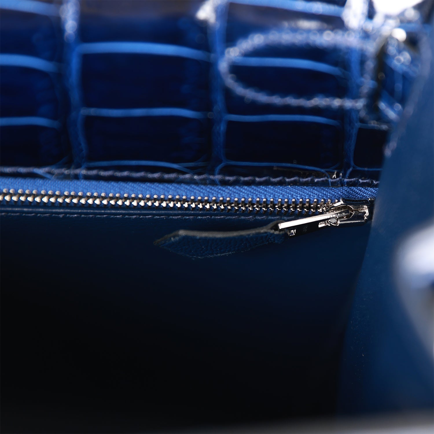 HRMS Kelly Sellier 28 Bleu Saphir Shiny Porosus Crocodile Palladium Hardware.