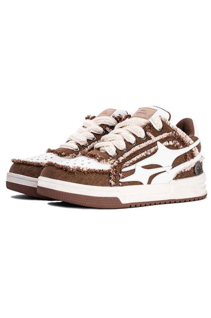 Brown White Distressed Canvas Court Sneakers