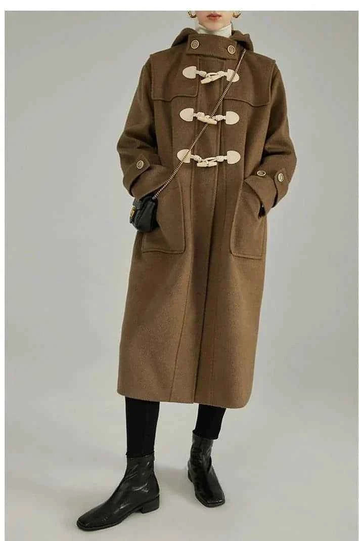 Winter Thicken College Style Hooded Mid-Length Melton Wool Coat