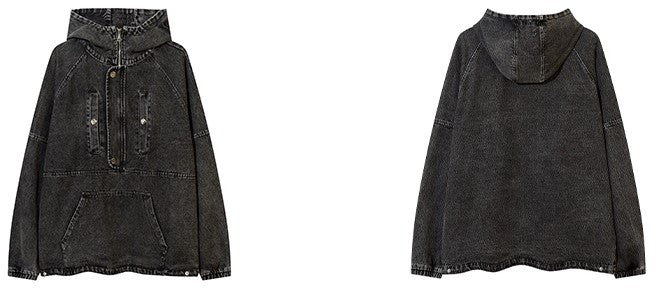 Zip-Front Denim Oversize Hoodie - Goatlv
