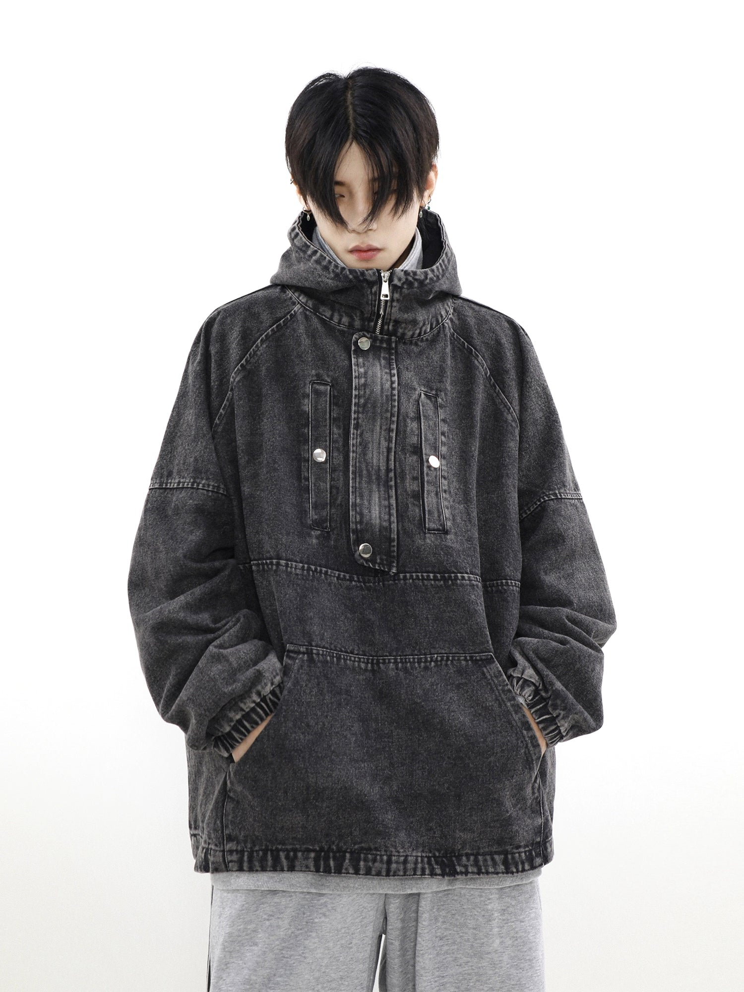 Zip-Front Denim Oversize Hoodie - Goatlv