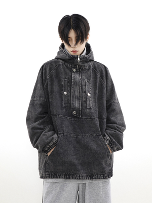 Zip-Front Denim Oversize Hoodie - Goatlv