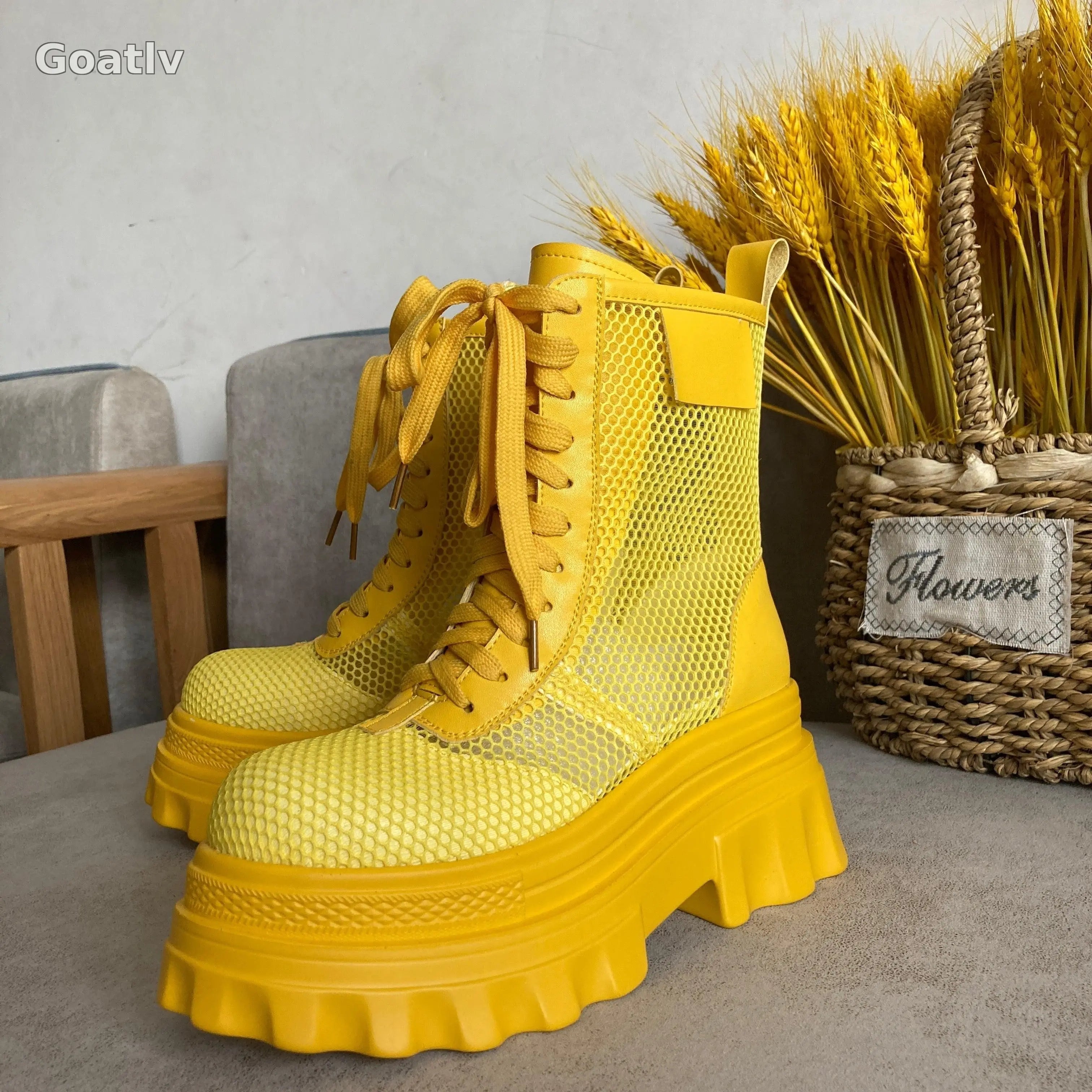 Womens Platform Mesh Breathable Ankle Boots Sandals High Heel Summer Shoes Riding Retro Girls Shoes - Goatlv