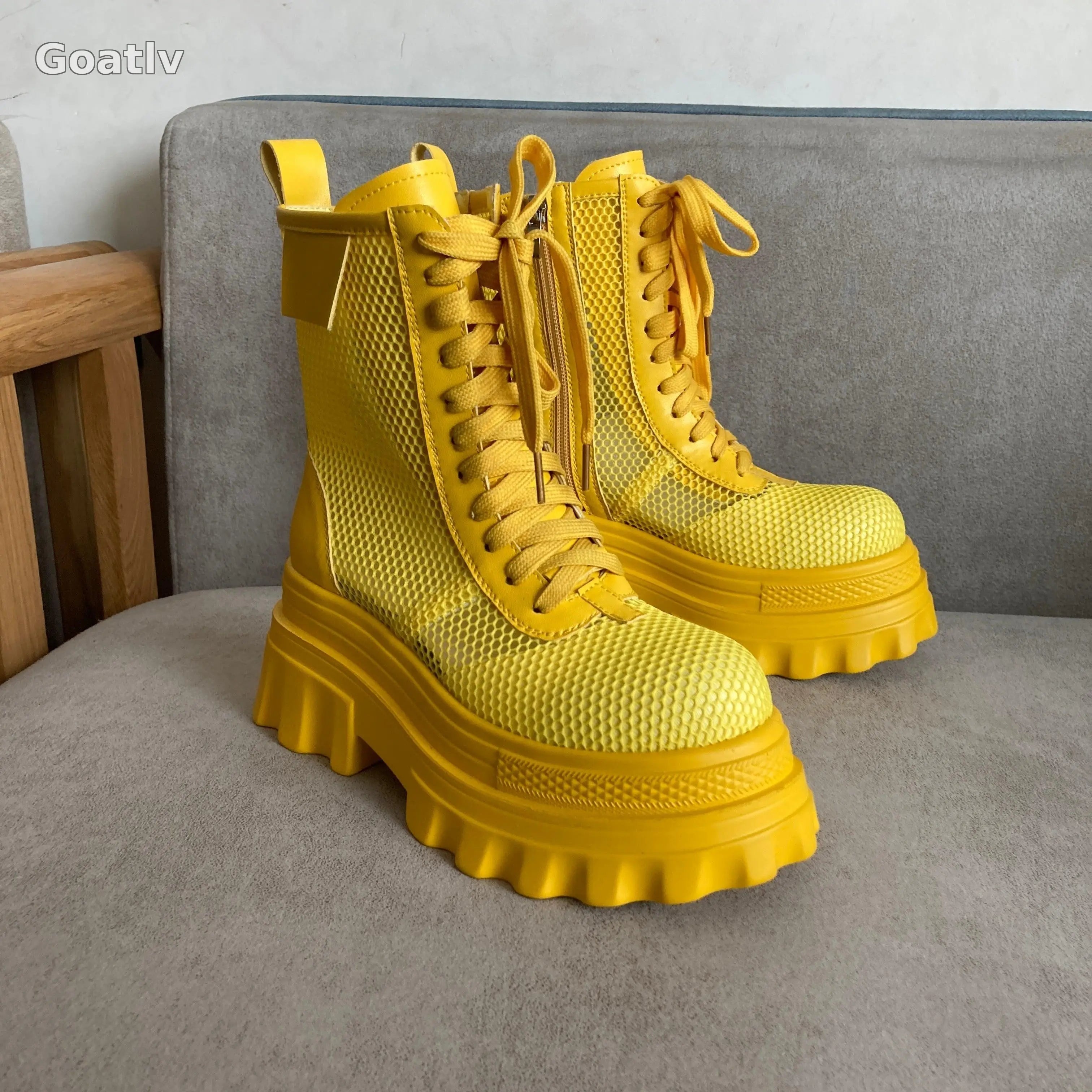 Womens Platform Mesh Breathable Ankle Boots Sandals High Heel Summer Shoes Riding Retro Girls Shoes - Goatlv
