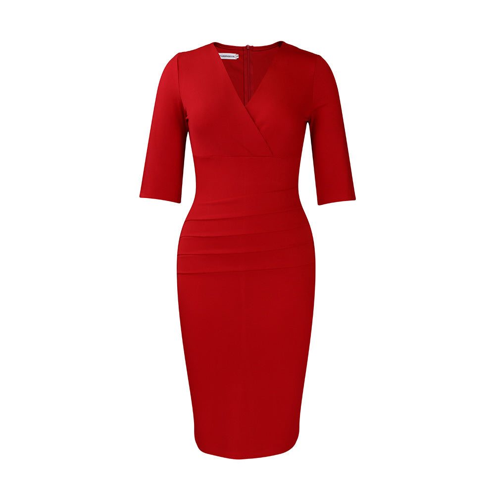 V-neck Temperament Sheath Plus Size Solid Color Dress Nyzzle