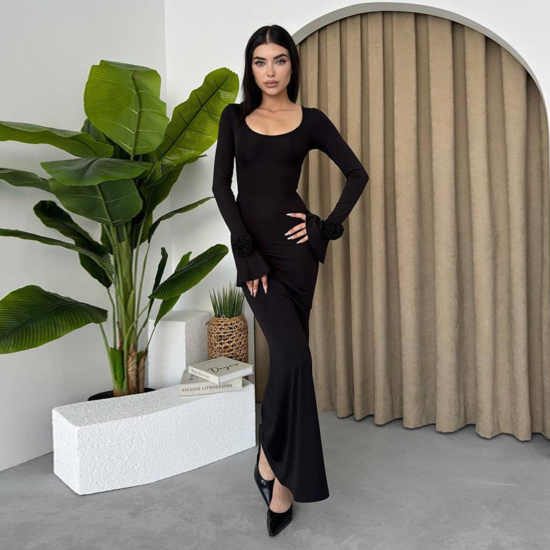 Round Neck Rose Long Sleeve Dress Women Nyzzle