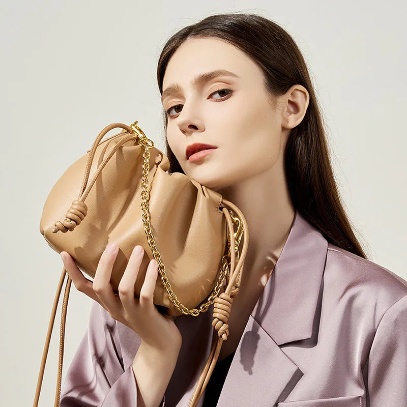 Leather Cloud Chain Handbag - Small Luxury Pleated Bucket Bag Trendha