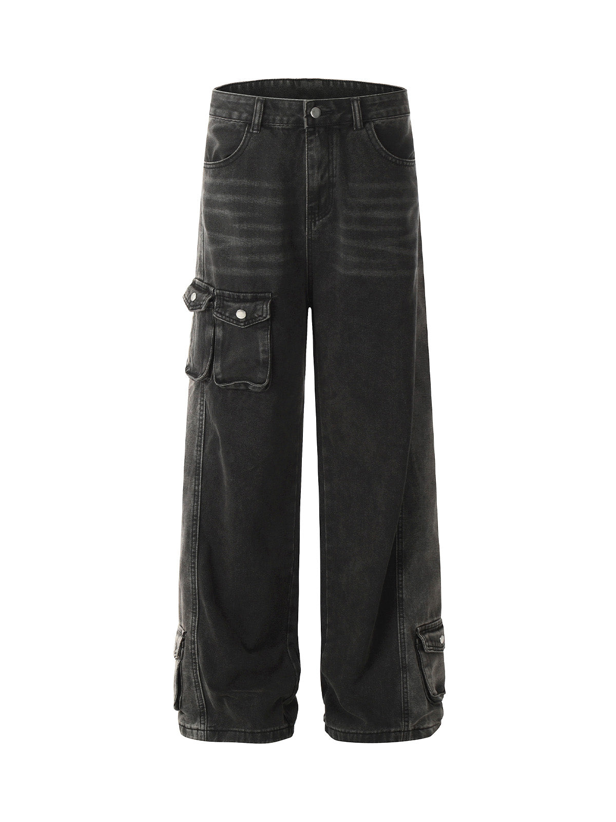 Washed Distressed Multi-pocket Straight Cargo Jeans - Goatlv