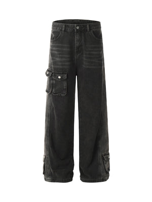 Washed Distressed Multi-pocket Straight Cargo Jeans - Goatlv
