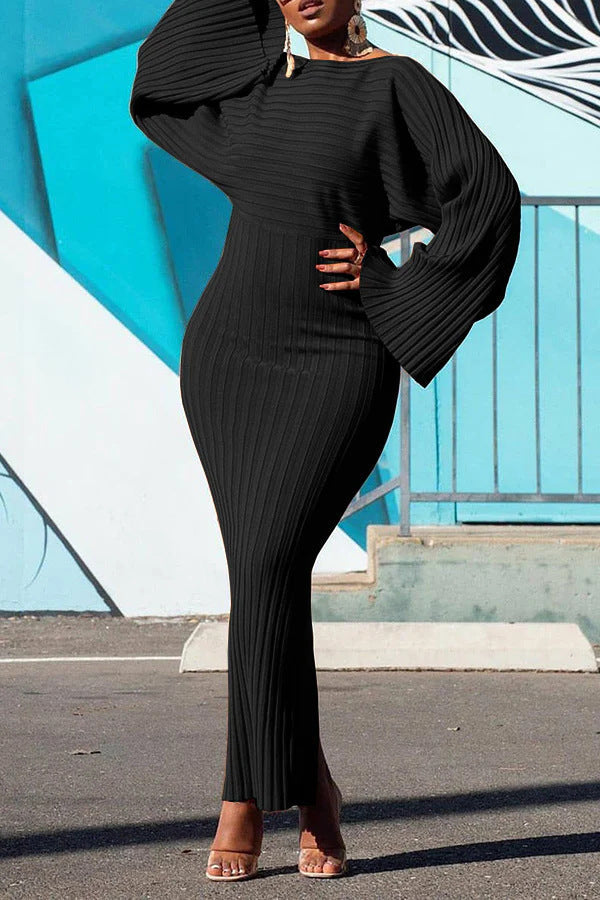 European And American Winter Long Sleeve Solid Color Rib Fabric Sheath Dress Nyzzle