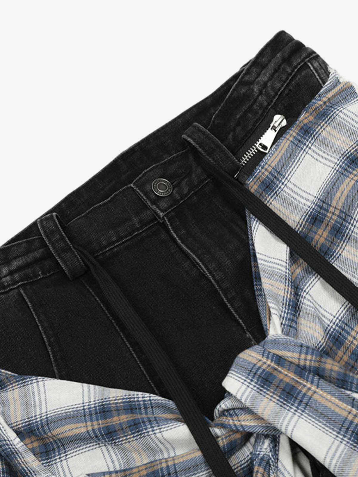 Faux Two-piece Plaid Detachable Scimitar Jeans - Goatlv