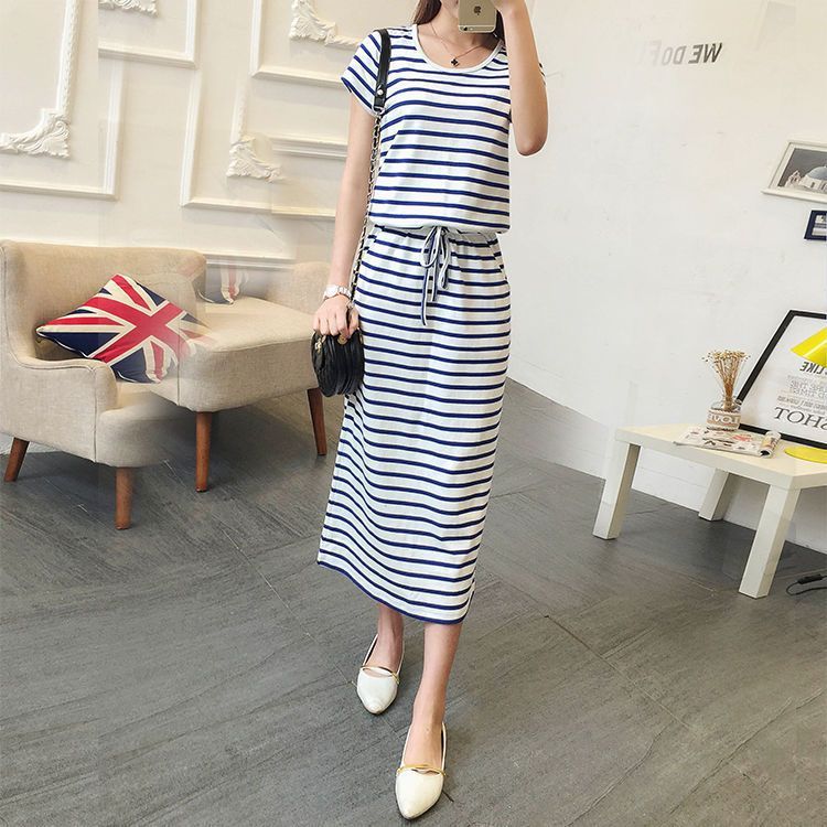 Round Neck Striped Cinched Plus Size Short Sleeve Dress Nyzzle