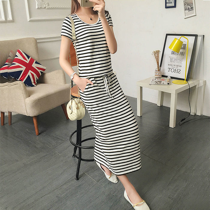 Round Neck Striped Cinched Plus Size Short Sleeve Dress Nyzzle