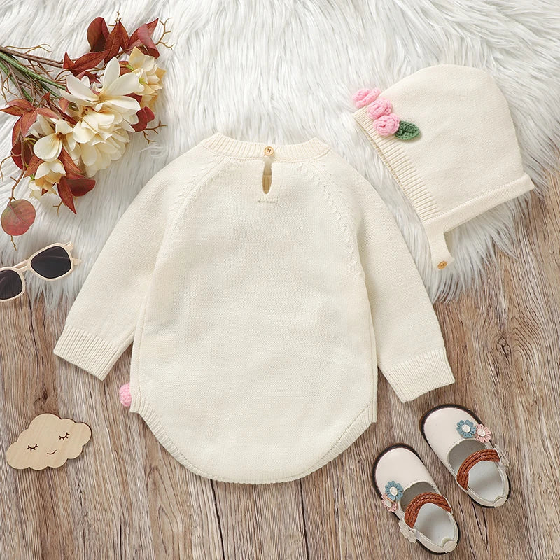 Newborn Baby Girl Long Sleeve Knit Bodysuit with 3D Floral Hat – 2pc Outfit Set Trendha