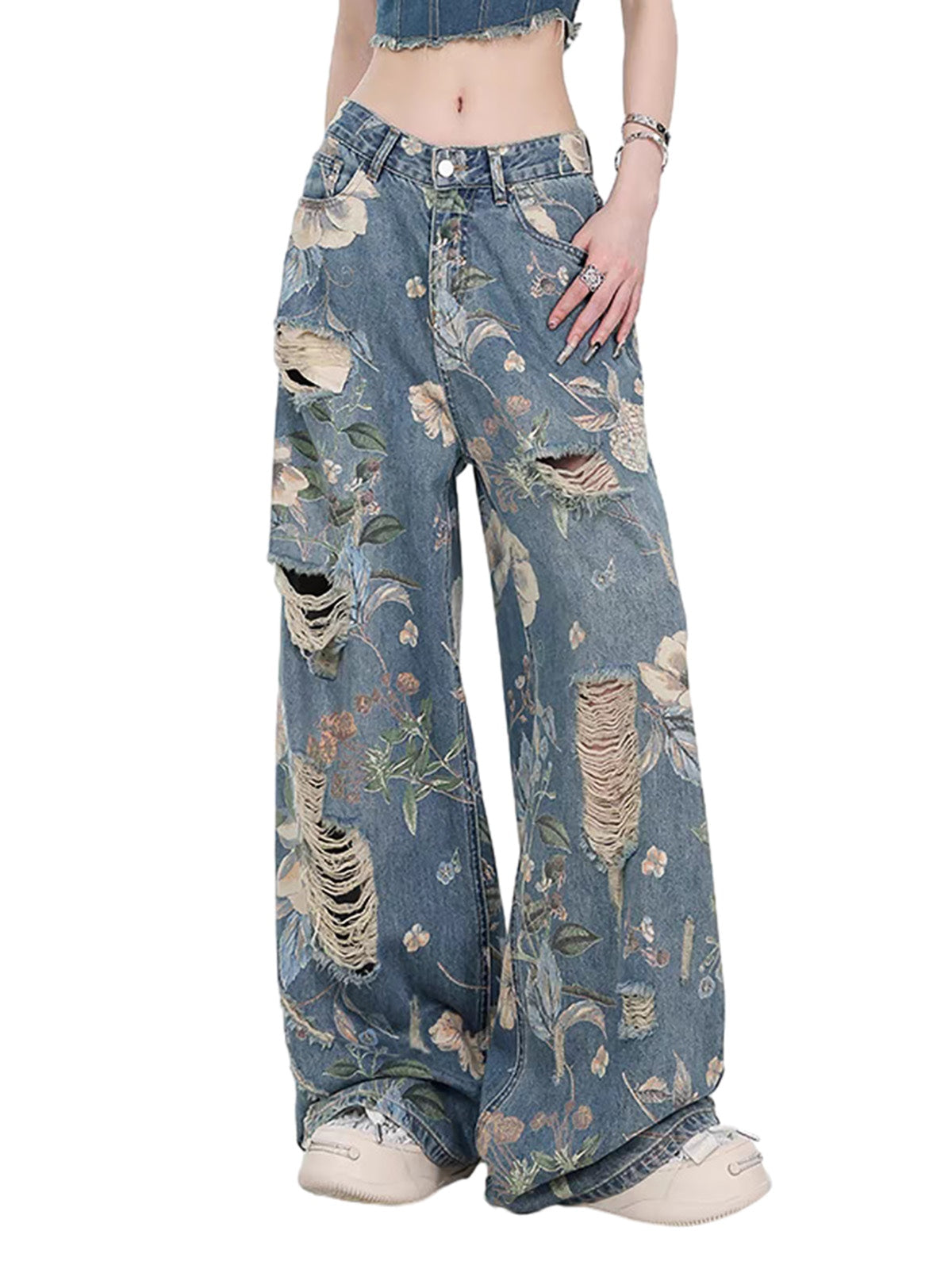 Vintage Washed Distressed Floral Ripped Baggy Jeans - Goatlv