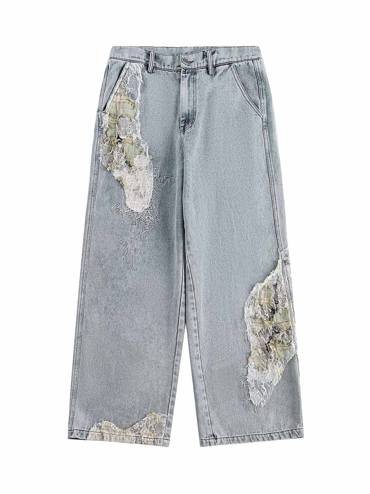 Ripped Lace Patchwork Straight Jeans - Goatlv