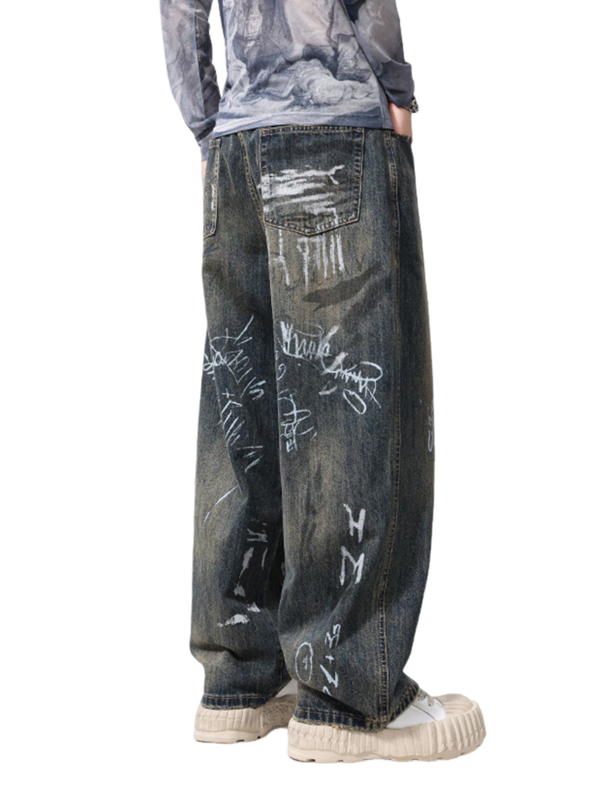 Print Hand-Painted Graffiti Drawstring Baggy Jeans - Goatlv