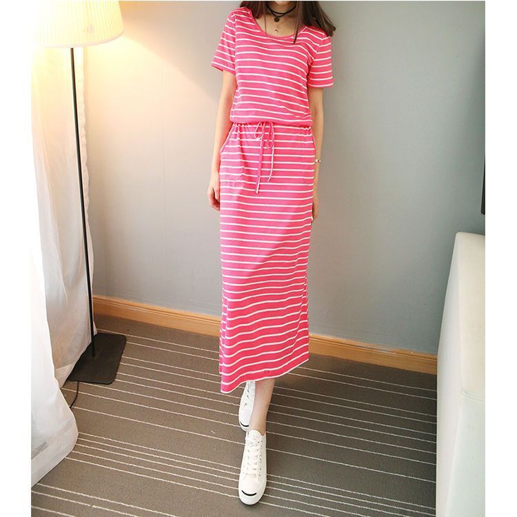 Round Neck Striped Cinched Plus Size Short Sleeve Dress Nyzzle