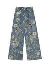 Vintage Washed Distressed Floral Ripped Baggy Jeans - Goatlv