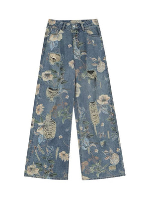 Vintage Washed Distressed Floral Ripped Baggy Jeans - Goatlv